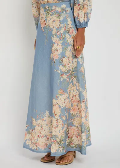 Zimmermann Womens Cascadian Bias Floral Linen Midi Skirt Teal Blue Botanical