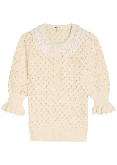 Chloé Women Ivory Knit Polo Shirt With Lace Collar In Neutral
