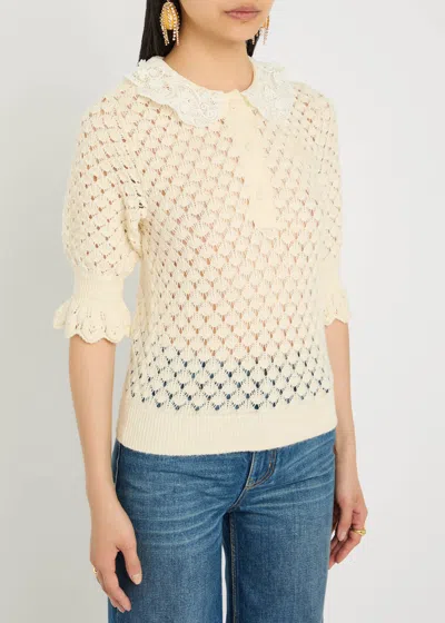 Chloé Women Ivory Knit Polo Shirt With Lace Collar In Neutral
