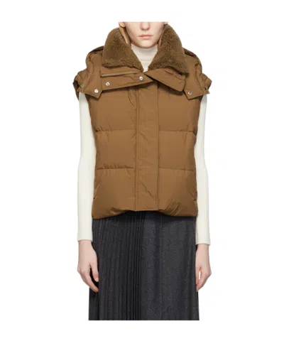 Yves Salomon Hooded Quilted Down Vest In Brown