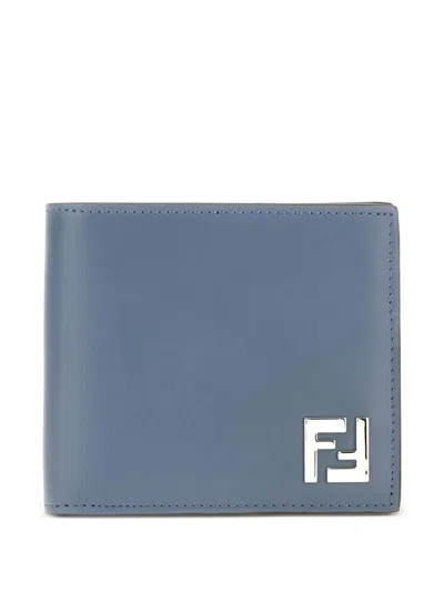 Fendi Leather And Ff Canvas Compact Bi-fold Wallet In Blue