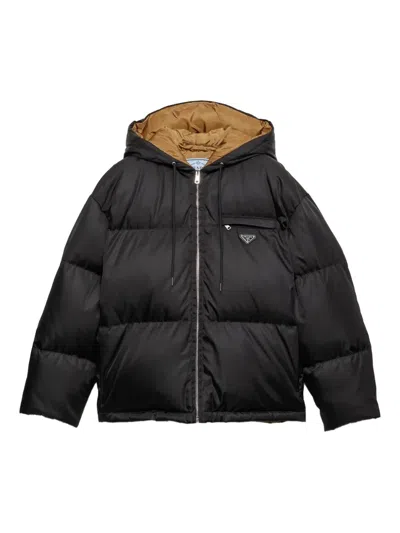 Prada Contrasting Lining Hooded Down Jacket In Black