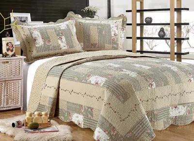 J&v Textiles 3-piece Green Cotton Blend Reversible Quilt Set
