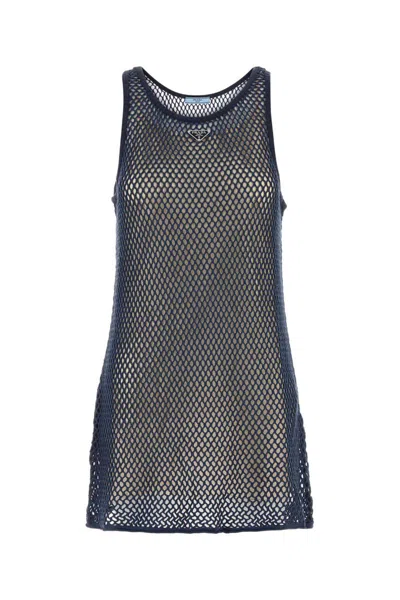 Prada Navy Blue Mesh Mini Dress In Blue