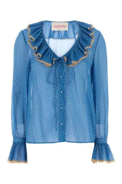Valentino Garavani Micro-polka Dot Silk Georgette Shirt In Blue