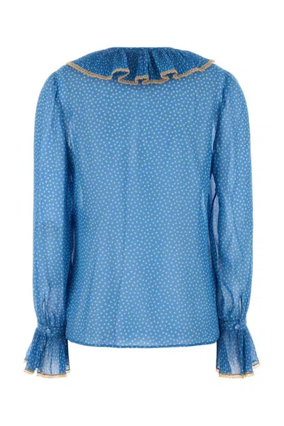 Valentino Garavani Micro-polka Dot Silk Georgette Shirt In Blue