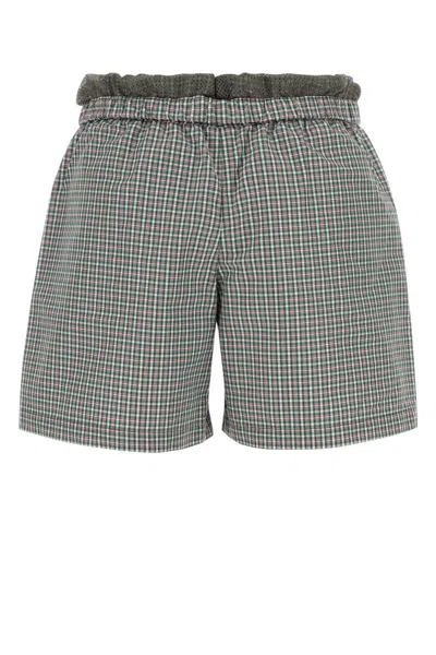 Miu Miu Checkered Pattern Shorts With Embroidered Nylon Blend In Blue