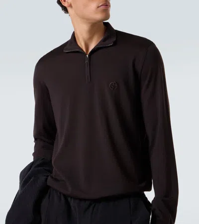 Giorgio Armani Virgin Wool Half-zip Sweater In Brown