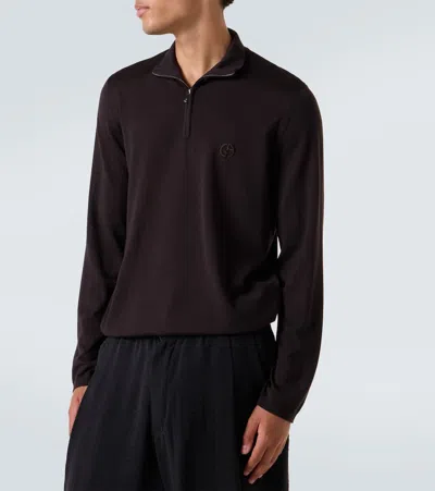 Giorgio Armani Virgin Wool Half-zip Sweater In Brown