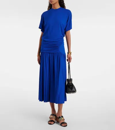 Ferragamo Asymmetric Jersey Midi Dress In Blue