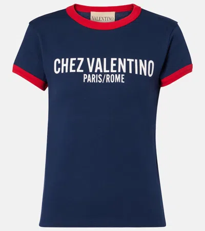 Valentino Crew Neck Cotton T-shirt With Contrast Trim In Blue