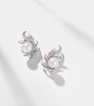 Yeprem 18kt White Gold Clip-on Earrings With Diamonds And Freshwater Pearls