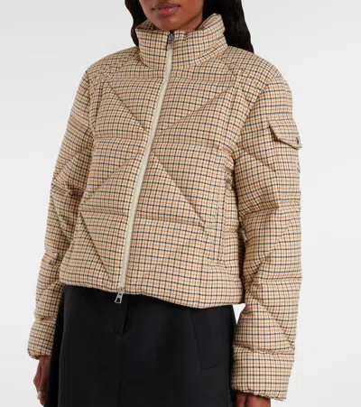 Moncler Keros Wool Blend Check Short Down Jacket In Brown