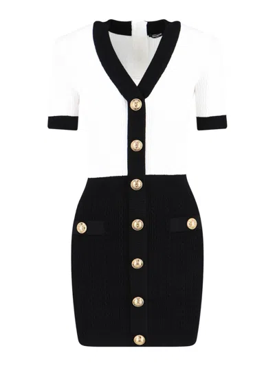 Balmain Fitted Black Dress With Ribbed Texture And Gold Accents