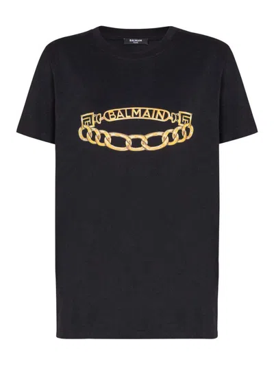 Balmain Crew Neck Graphic Print Short Sleeves In Black