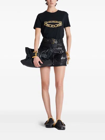 Balmain Crew Neck Graphic Print Short Sleeves In Black