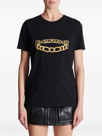 Balmain Crew Neck Graphic Print Short Sleeves In Black