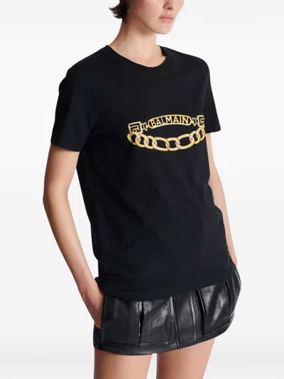 Balmain Crew Neck Graphic Print Short Sleeves In Black
