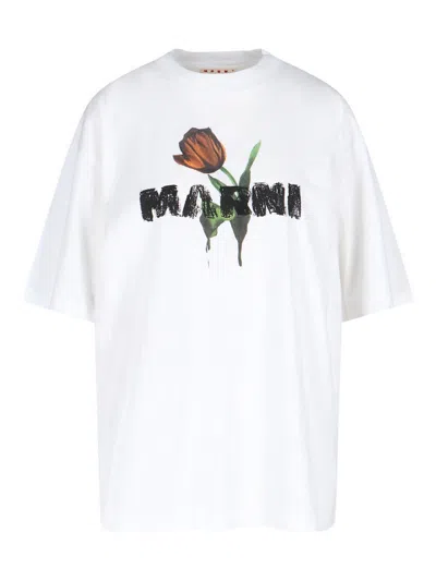 Marni White Crewneck T-shirt With Logo Lettering And Logo Print On The Front