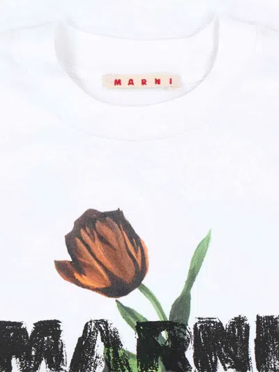 Marni White Crewneck T-shirt With Logo Lettering And Logo Print On The Front
