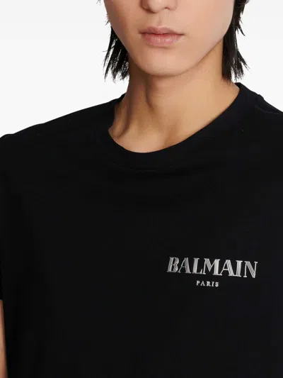 Balmain Black Crewneck T-shirt With Logo Print In Cotton Man