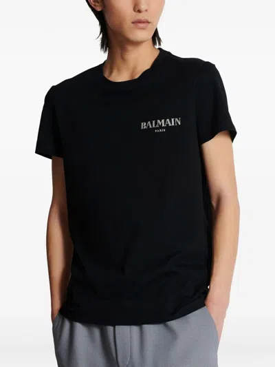 Balmain Black Crewneck T-shirt With Logo Print In Cotton Man