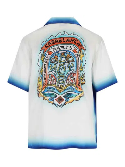 Casablanca White Shirt With Cuban Collar And Maxi Logo Printed On The Back In Silk Man