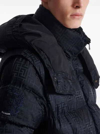 Balmain Short Nylon Jacquard Down Jacket With Black Monogram Men