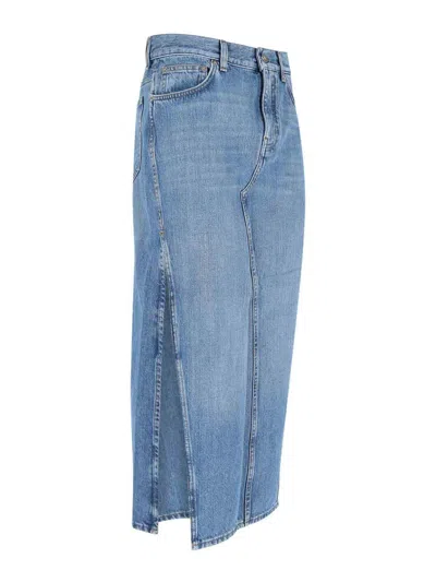Givenchy Side Slit Midi Denim Skirt With Logo Patch In Blue