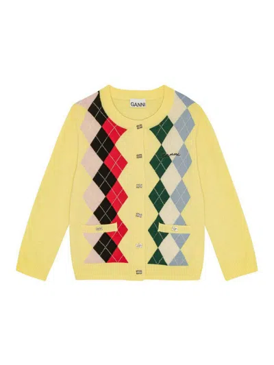 Ganni Knitwear Cardigan With Argyle Pattern And Pockets