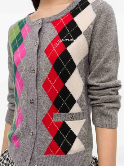 Ganni Cardigan Checkered Argyle Pattern In Gray