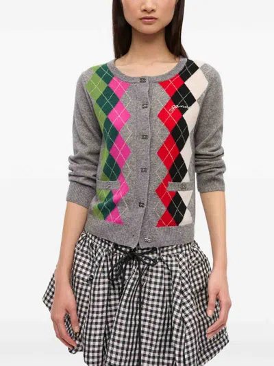 Ganni Cardigan Checkered Argyle Pattern In Gray