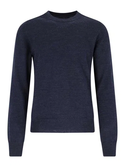 Maison Margiela Crewneck Sweater With Ribbed Cuffs And Elbow Patches In Blue