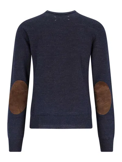 Maison Margiela Crewneck Sweater With Ribbed Cuffs And Elbow Patches In Blue
