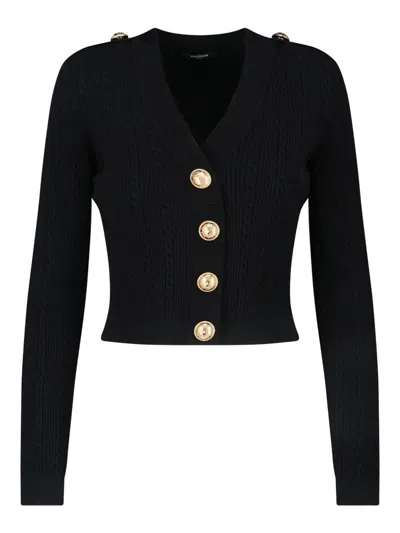 Balmain Structured Shoulder Black V-neck Cardigan With Decorative Buttons