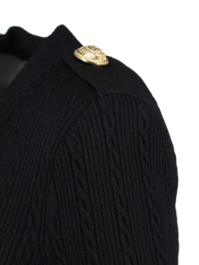 Balmain Structured Shoulder Black V-neck Cardigan With Decorative Buttons