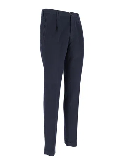 Incotex Navy Chinos With Pleated Front And Classic Straight Leg In Blue