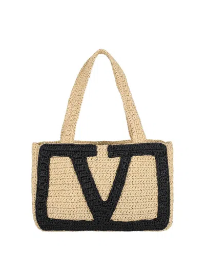 Valentino Garavani Woven Beige Tote Bag With Prominent Vlogo Signature