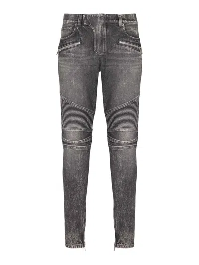Balmain Straight Trousers With Distressed Finish And Zip Pockets In Gray