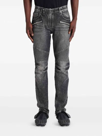 Balmain Straight Trousers With Distressed Finish And Zip Pockets In Gray