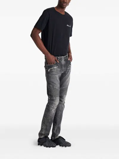 Balmain Straight Trousers With Distressed Finish And Zip Pockets In Gray