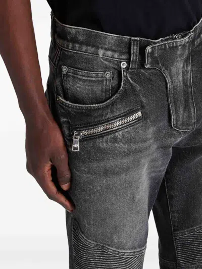 Balmain Straight Trousers With Distressed Finish And Zip Pockets In Gray