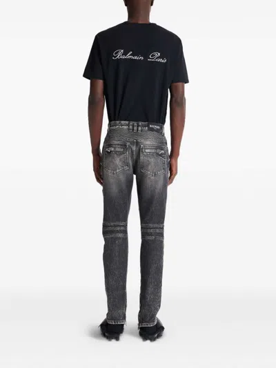 Balmain Straight Trousers With Distressed Finish And Zip Pockets In Gray