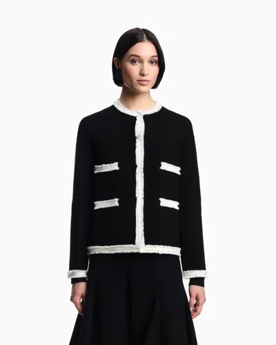 Emporio Armani Ottoman Fabric Jacket With Fringe Trims In Black