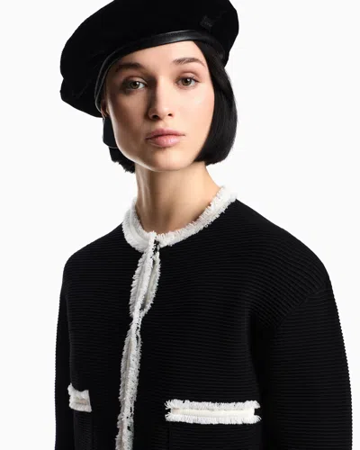 Emporio Armani Ottoman Fabric Jacket With Fringe Trims In Black