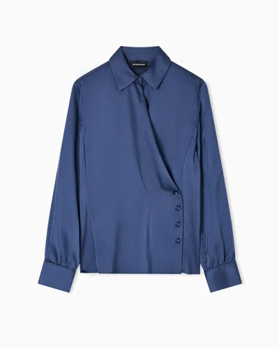 Emporio Armani Wrap Front Collared Shirt With Buttoned Cuffs In Blue