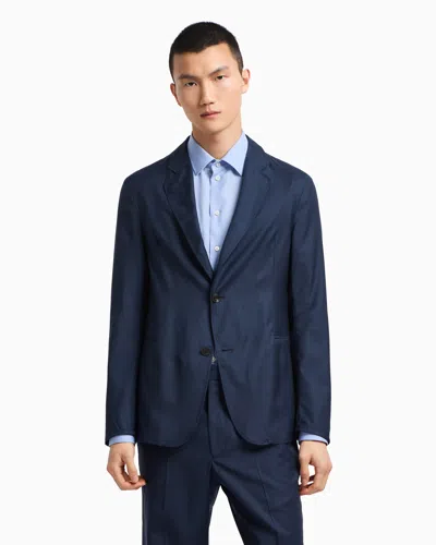 Emporio Armani Icon Single-breasted Jacket In Tropical Light Wool Canvas In Blue
