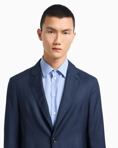 Emporio Armani Icon Single-breasted Jacket In Tropical Light Wool Canvas In Blue