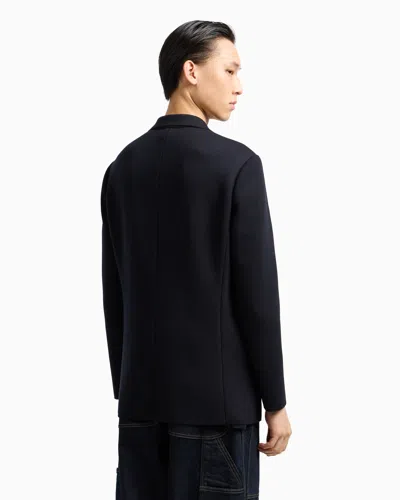 Emporio Armani Double-breasted Blazer In A Plain-knit Wool Blend In Black