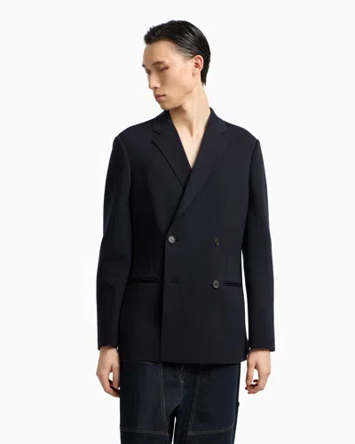 Emporio Armani Double-breasted Blazer In A Plain-knit Wool Blend In Black